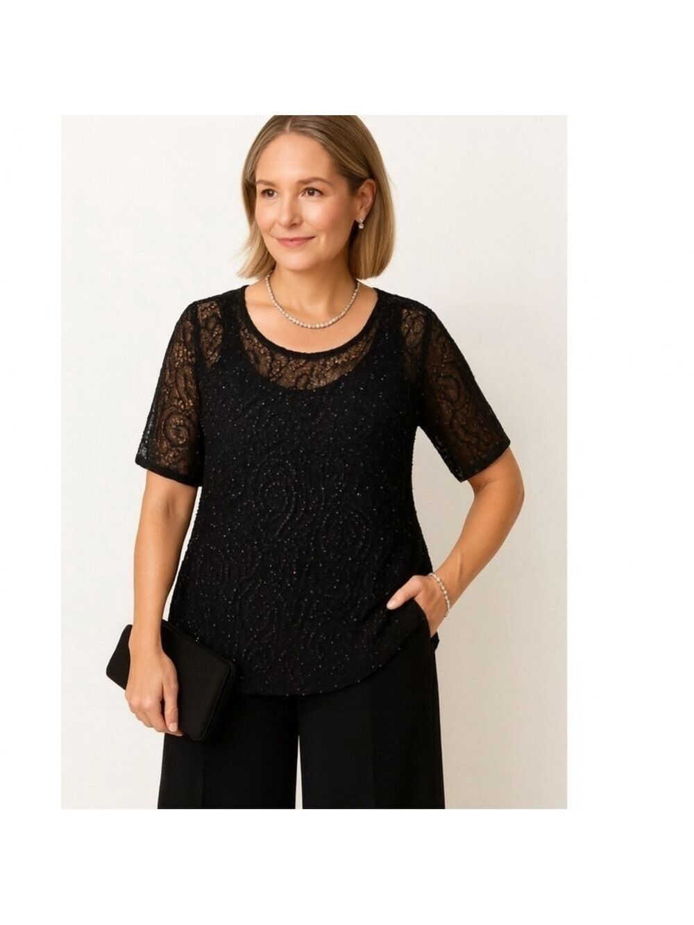 Vintage Dana Buchman Black Beaded Open Knit Top Sheer Sparkle Evening Wear L/XL